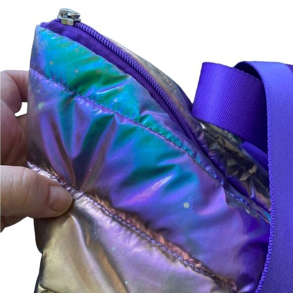 Large Metallic Puffer Tote Weekender w/ Decorative purple Straps - Picture 12 of 16